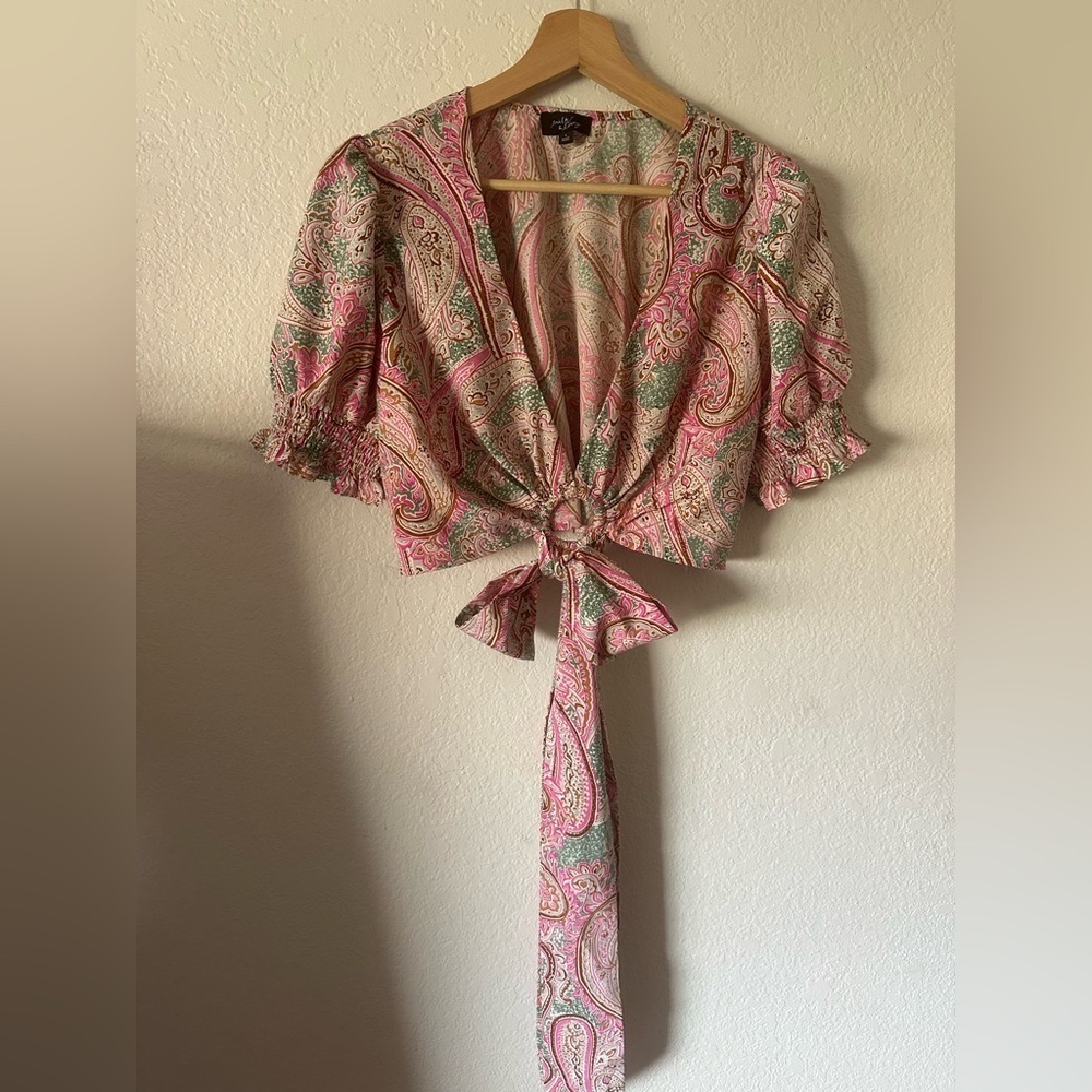 Milk and Honey Paisley Tie-Front Blouse - Pink and Green - Size Large